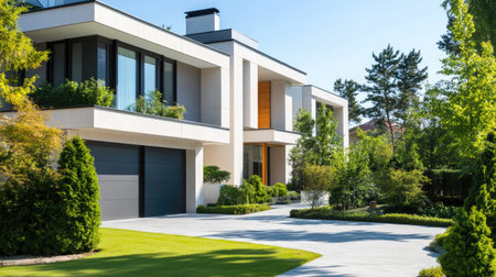 Modern home with a sleek design in a quiet urban area, no people, with ample copy spaceの素材