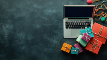 Concept of online shopping, a laptop with shopping items displayed, with space for copyの素材