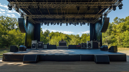 Empty music festival stage with a scenic backdrop, wide space for text or messageの素材
