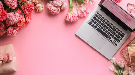 Concept of online shopping, a laptop with shopping items displayed, with space for copyの素材