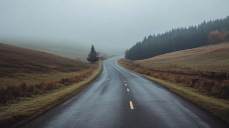 Scenic countryside road leading to a holiday destination, no people, with room for textの素材