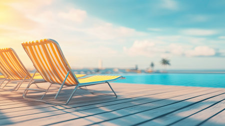 Empty deck chairs by the pool on a sunny holiday, wide open space for text or brandingの素材