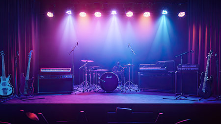 Empty stage set up for a concert with instruments, clear space for copy or messageの素材