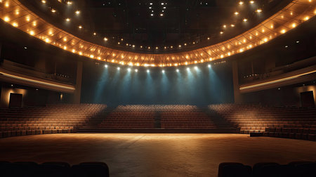 Empty auditorium set up for a concert, with wide space for text or logoの素材