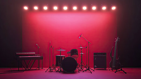 Empty stage set up for a concert with instruments, clear space for copy or messageの素材