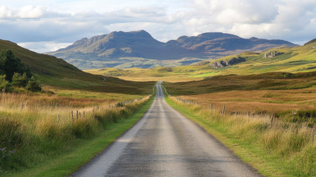 Scenic countryside road leading to a holiday destination, no people, with room for textの素材