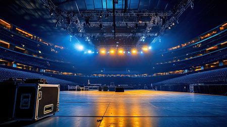 Empty stadium concert setup with stage lights on, no people, and copy space for messageの素材