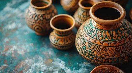 South Asian pottery with intricate designs, with copy space for cultural or artistic content.の素材