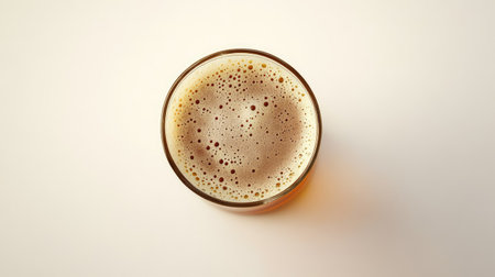 Top view of a Belgian glass of Trappist beer, arranged with room for copy on a plain backdrop.の素材