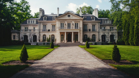 A majestic mansion with a stately facade and sprawling grounds, offering plenty of space for text placement.の素材
