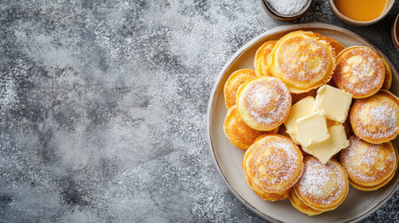 Top view of Dutch poffertjes with butter and sugar, with ample copy space on a neutral background.の素材