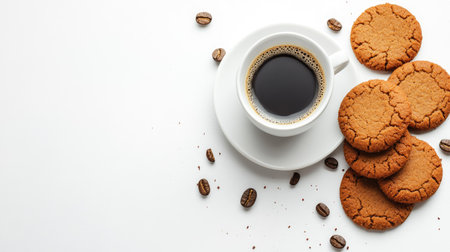 Top view of Belgian speculoos cookies with coffee, with ample copy space on a clean white background.の素材