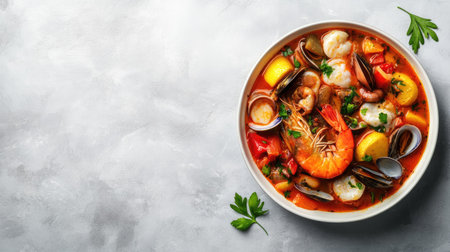 Top view of French bouillabaisse with rouille, with ample copy space on a plain backdrop.の素材