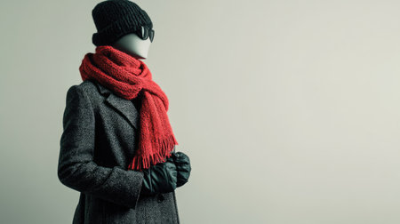 Chic European winter ensemble, including a coat and gloves, on a mannequin, with ample copy space on a clean backdrop.の素材