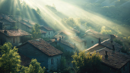 Early morning sunlight over a peaceful village, with the first rays of light touching the rooftops.の素材