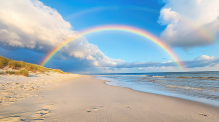 A rainbow arching over a quiet beach, with ample copy space in the sand and skyの素材
