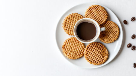 Top view of Dutch stroopwafels with coffee, with room for copy on a clean white background.の素材