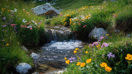 A bubbling brook in the Pyrenees, France, surrounded by wildflowers, with space for copy in the foregroundの素材