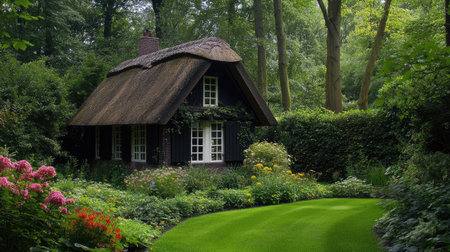 A charming garden house with a thatched roof, surrounded by a lush garden, with plenty of room for copyの素材
