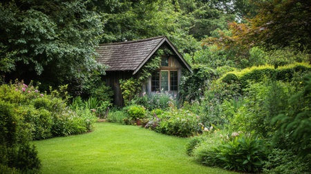A quaint garden house nestled in a lush green garden, with plenty of room for text in the surrounding greeneryの素材