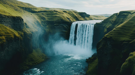A powerful waterfall surrounded by lush greenery in Iceland, with clear space for your message in the skyの素材