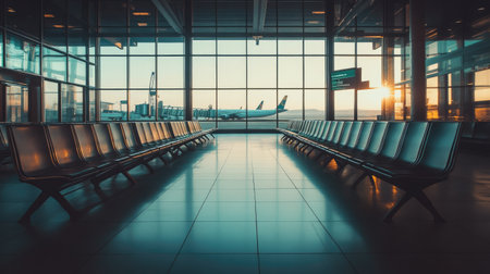 An empty airport terminal with rows of seats, large windows, and copy space, capturing the quiet ambiance before the rush.の素材