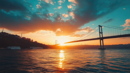 The breathtaking Bosphorus Bridge in Istanbul at sunset, with space for your messageの素材