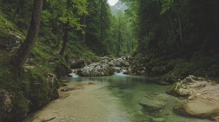 A picturesque stream in the Julian Alps, Slovenia, surrounded by dense forest with clear space for your messageの素材