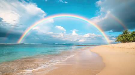 A rainbow arching over a quiet beach, with ample copy space in the sand and skyの素材