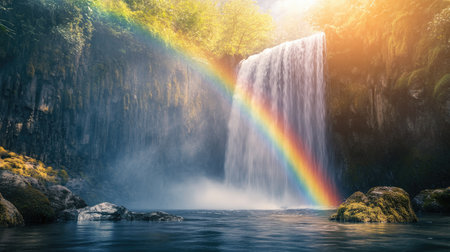 A rainbow appearing over a misty waterfall, with clear space for your message in the sceneの素材