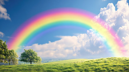 A vibrant rainbow arching over a peaceful countryside landscape, with clear space for your messageの素材