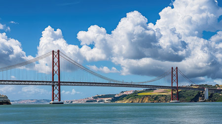The Golden Gate-like 25 de Abril Bridge in Lisbon, spanning the Tagus River, with room for copyの素材
