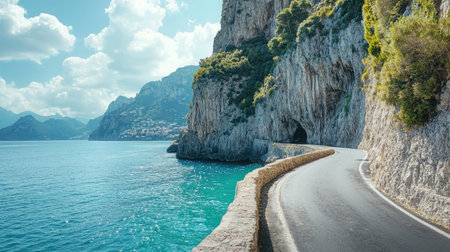 Serene coastal road in the Amalfi Coast, Italy, with dramatic cliffs and azure waters, offering ample copy spaceの素材