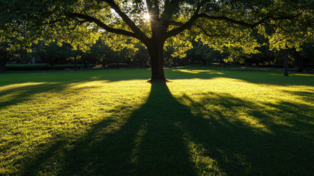 The shadow of a towering oak tree stretching across a sunlit park, leaving ample room for textの素材