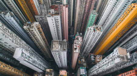 Top view of a densely populated city with high-rise buildings, with room for copy in the open rooftops.の素材