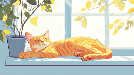 A cartoon cat lounging on a sunny windowsill, with room for text in the bright backgroundの素材