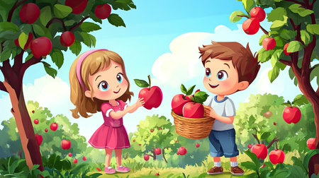 A cheerful cartoon boy and girl picking apples in an orchard, with ample room for copy in the trees.の素材