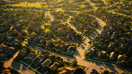 Aerial view of a sprawling suburban area with winding streets, with room for copy in the open spaces.の素材