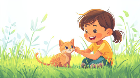 A cheerful cartoon child playing with a kitten, with ample space for copy in the grassy yard.の素材