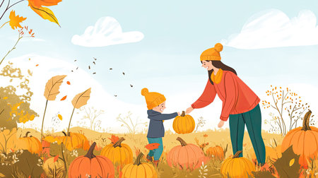 A cartoon parent and child picking pumpkins in a field, with ample space for copy in the autumn setting.の素材