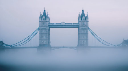 The Tower Bridge in London on a misty morning, with ample copy space in the sky aboveの素材