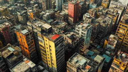 Top view of a densely populated city with high-rise buildings, with room for copy in the open rooftops.の素材