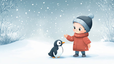 A cartoon child feeding a baby penguin, with space for copy in the snowy background.の素材