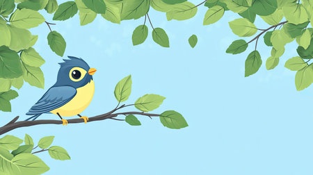 A cartoon bird perched on a tree branch, with room for text in the sky and surrounding leaves.の素材