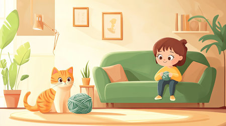 A cartoon child and a cat playing with yarn, with ample space for copy in the cozy living room.の素材
