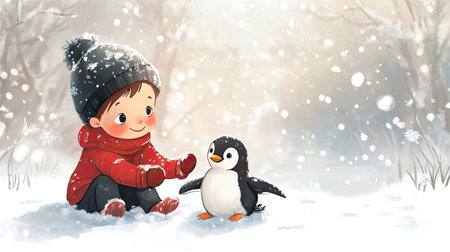 A cartoon child playing with a baby penguin in the snow, with ample space for copy in the snowy scene.の素材