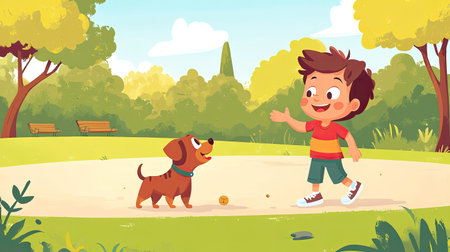 A cartoon child playing fetch with a dog, with plenty of room for copy in the park setting.の素材