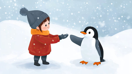 A cartoon child feeding a baby penguin, with space for copy in the snowy background.の素材