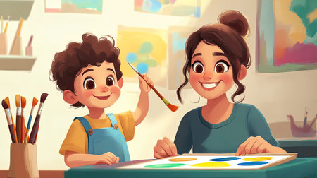 A smiling cartoon parent helping their child paint a picture, with room for text in the artistic background.の素材