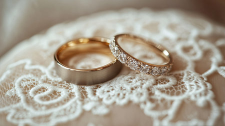 A pair of wedding bands resting on a lace pillow, with soft lighting and space for text.の素材